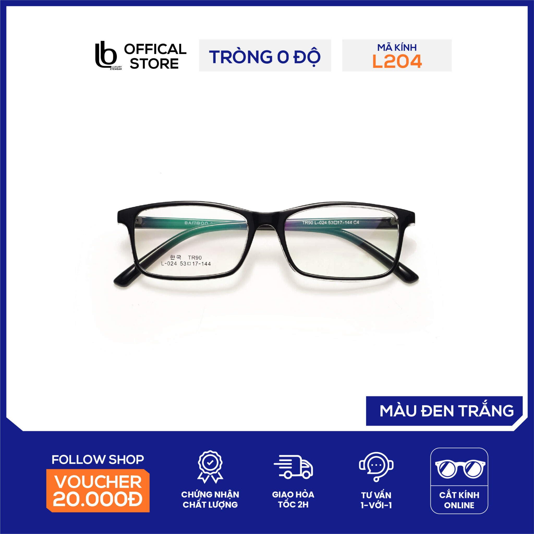 Kính gọng vuông chữ nhật LB Eyewear L024 kính thời trang nam nữ chất liệu nhựa dẻo, có thể lắp tròng cận, lão, UV