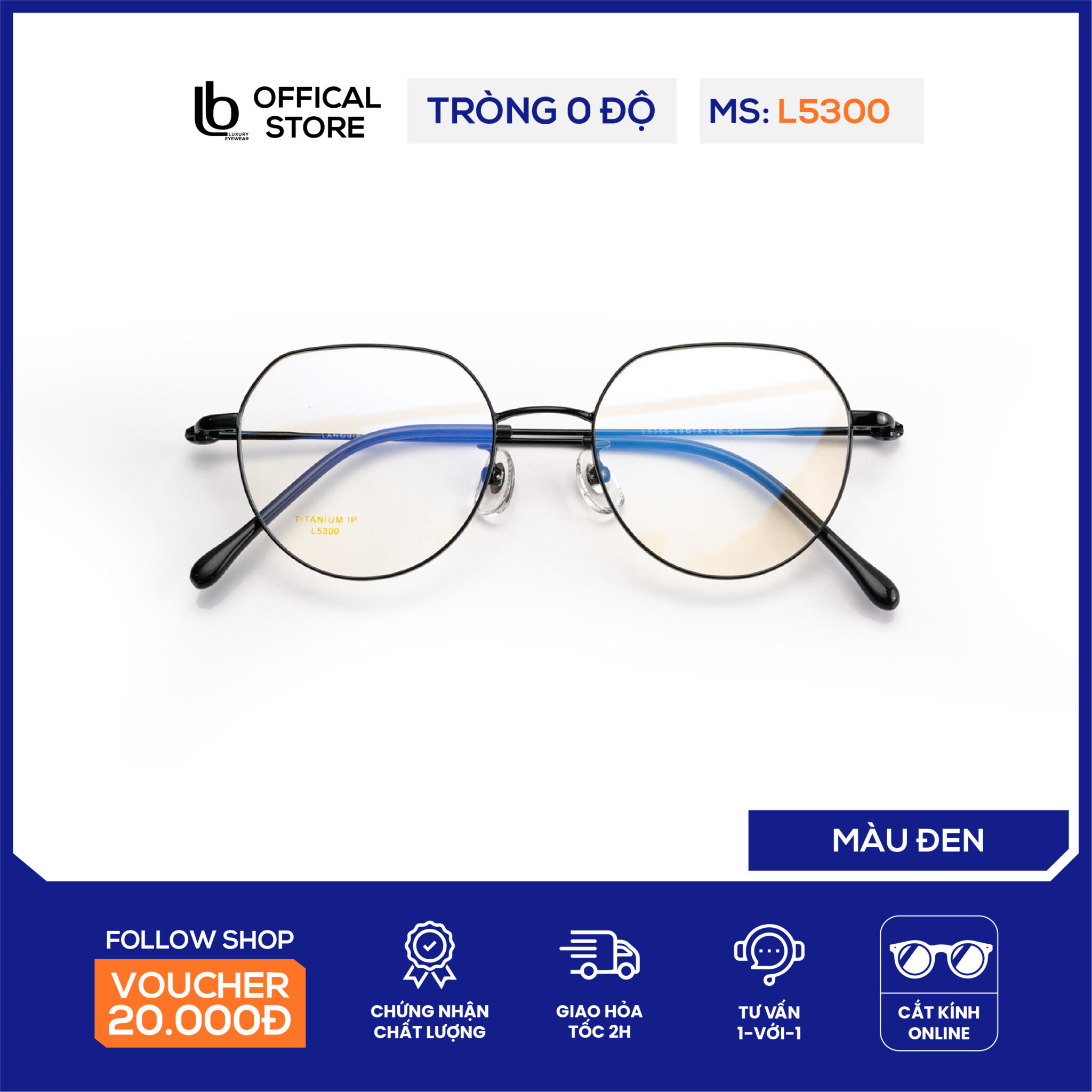 Kính gọng lục giác LB Eyewear L5300 kính mắt kim loại thời trang nam nữ chất liệu nhẹ, có thể lắp tròng chống tia UV