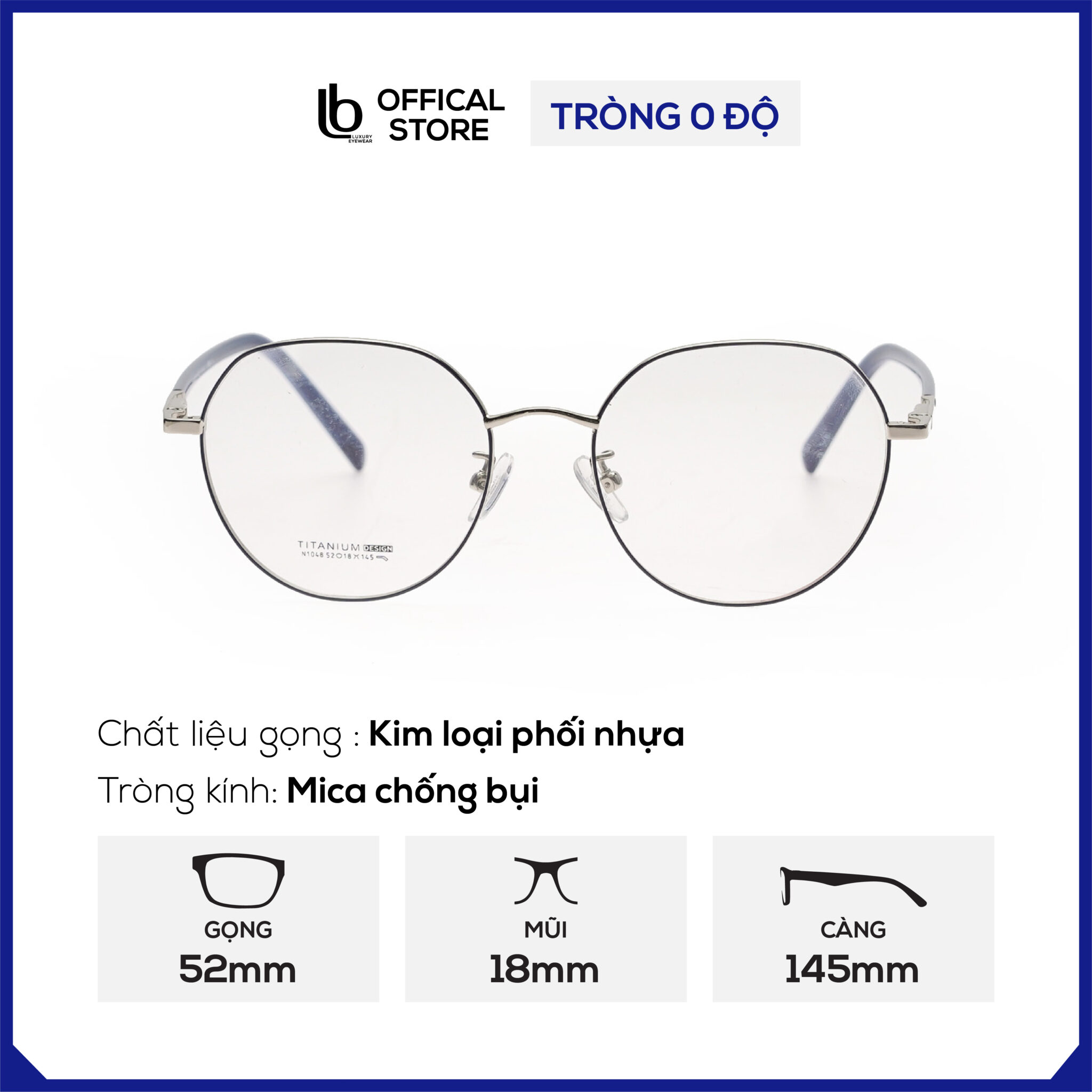 Kính gọng tròn LB Eyewear N1048 kính kim loại thời trang nam nữ, có thể lắp tròng chống tia UV, ánh sang xanh, đổi màu