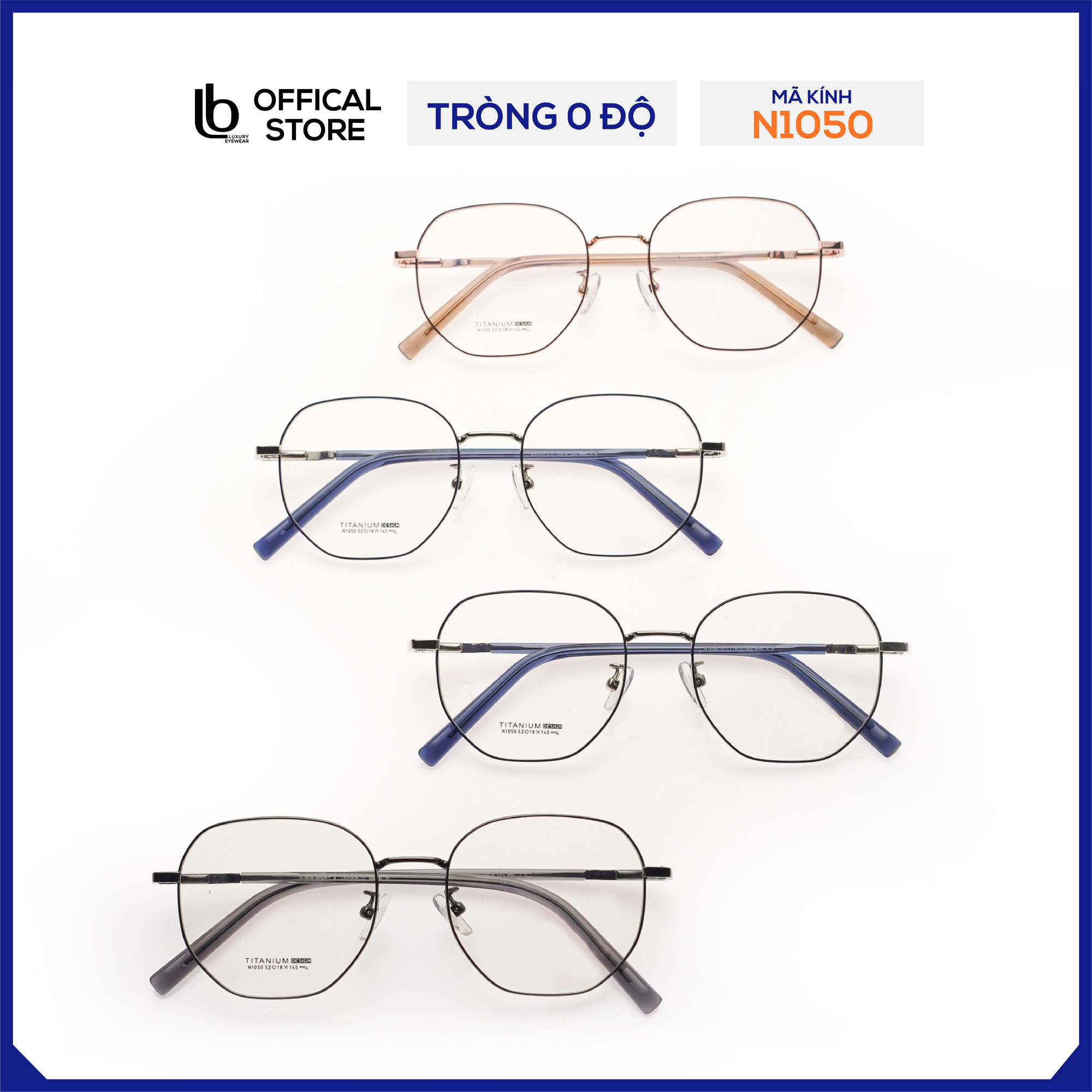 Gọng kính vuông chữ nhật LB Eyewear N1050 mắt kính nam nữ thời trang, chất liệu nhựa cao cấp chống tia UV