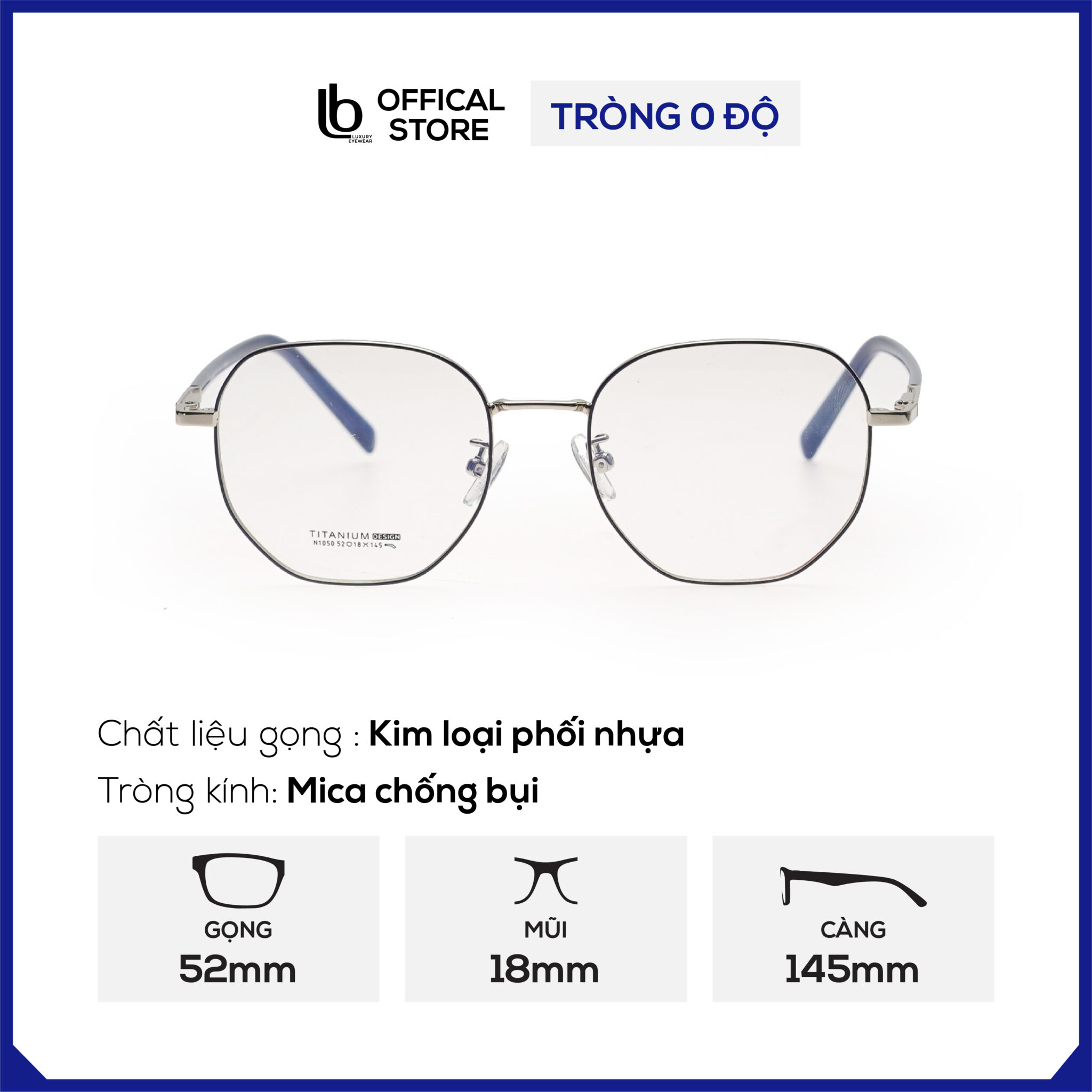 Gọng kính vuông chữ nhật LB Eyewear N1050 mắt kính nam nữ thời trang, chất liệu nhựa cao cấp chống tia UV