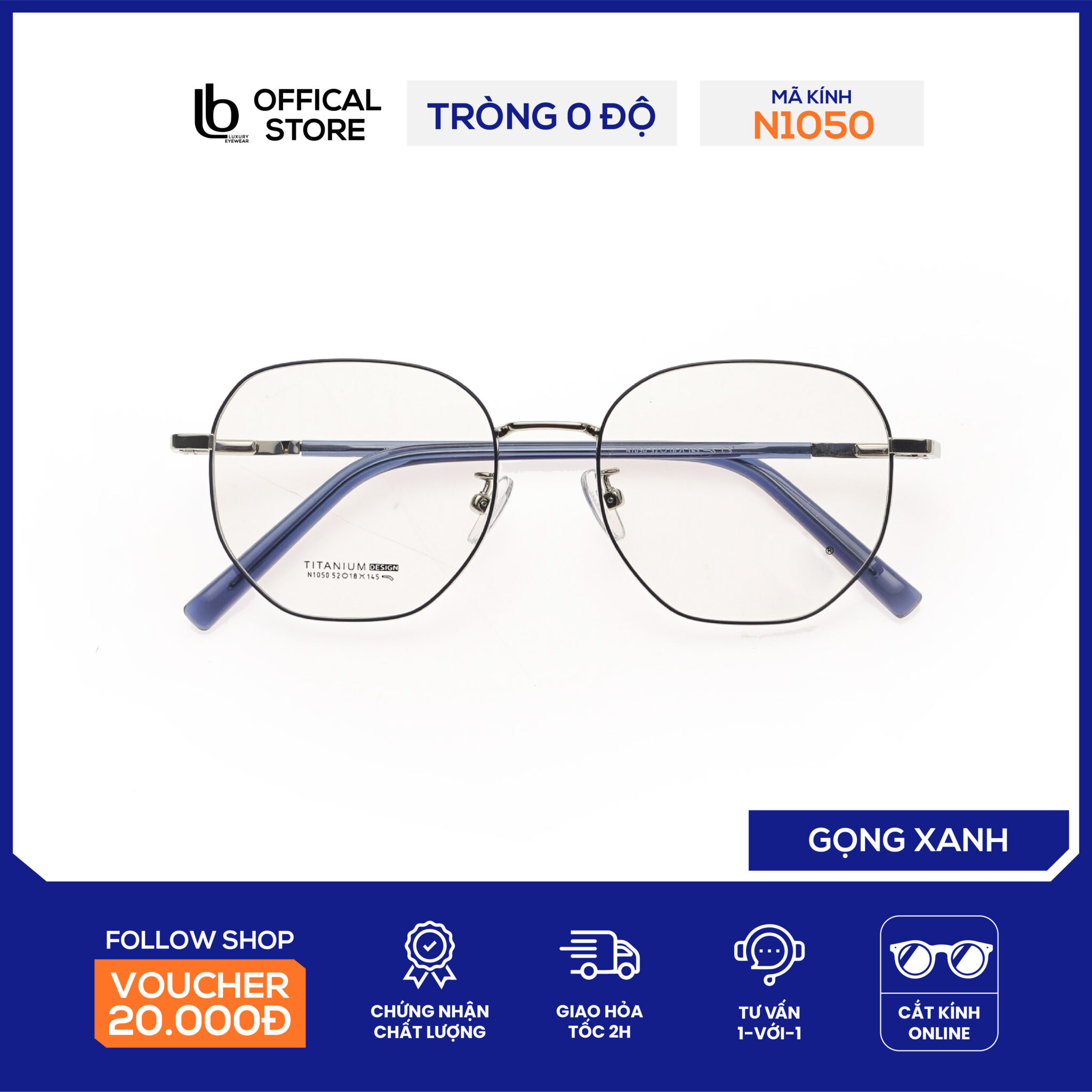 Gọng kính vuông chữ nhật LB Eyewear N1050 mắt kính nam nữ thời trang, chất liệu nhựa cao cấp chống tia UV