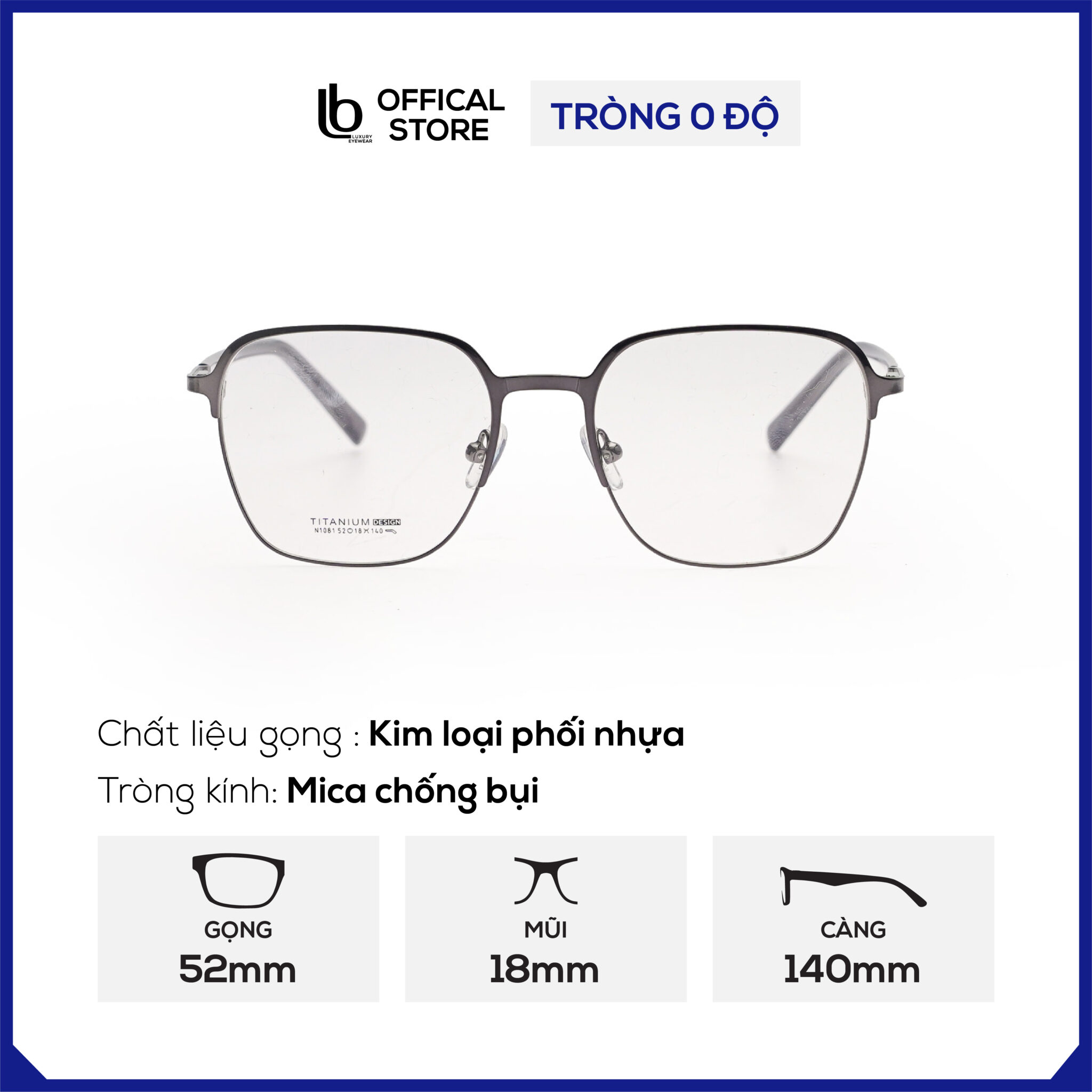 Gọng kính vuông chữ nhật LB Eyewear N1081 mắt kính nam nữ thời trang, chất liệu kim loại cao cấp chống tia UV
