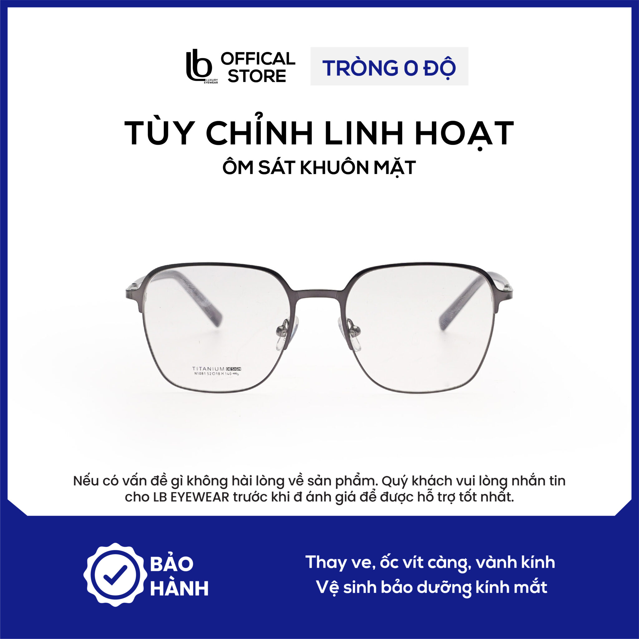 Gọng kính vuông chữ nhật LB Eyewear N1081 mắt kính nam nữ thời trang, chất liệu kim loại cao cấp chống tia UV
