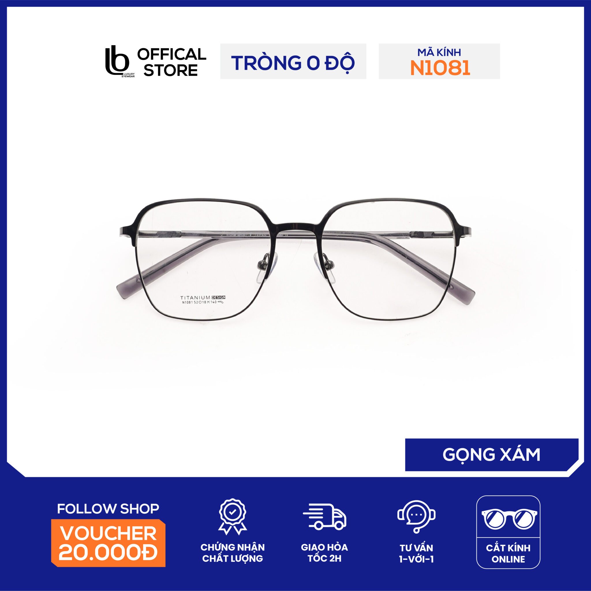 Gọng kính vuông chữ nhật LB Eyewear N1081 mắt kính nam nữ thời trang, chất liệu kim loại cao cấp chống tia UV
