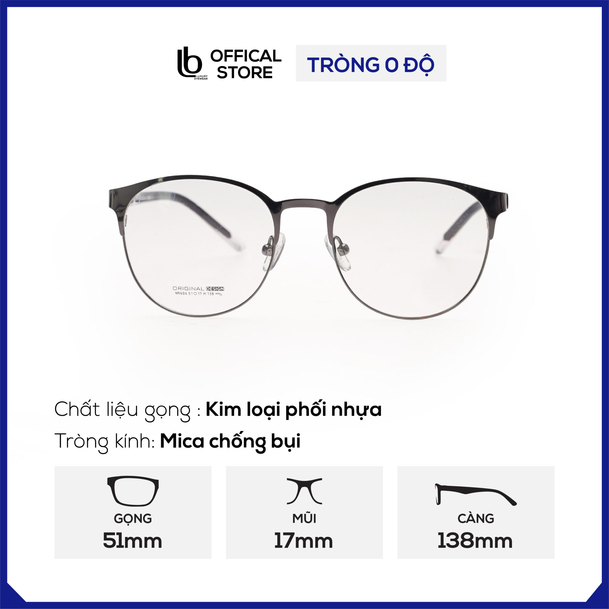 Kính gọng tròn LB Eyewear N9606 kính kim loại thời trang nam nữ, có thể lắp tròng chống tia UV, ánh sang xanh, đổi màu