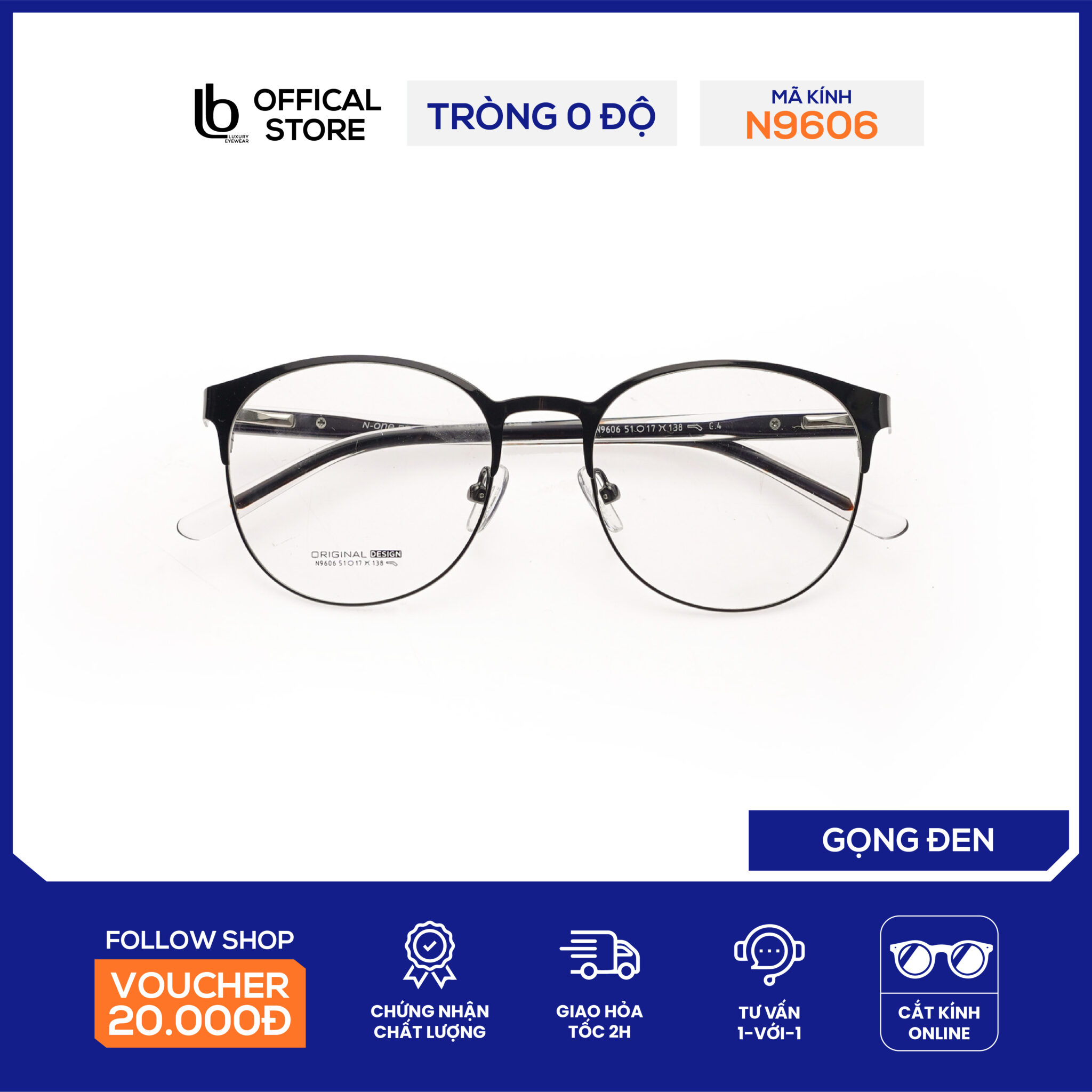 Kính gọng tròn LB Eyewear N9606 kính kim loại thời trang nam nữ, có thể lắp tròng chống tia UV, ánh sang xanh, đổi màu
