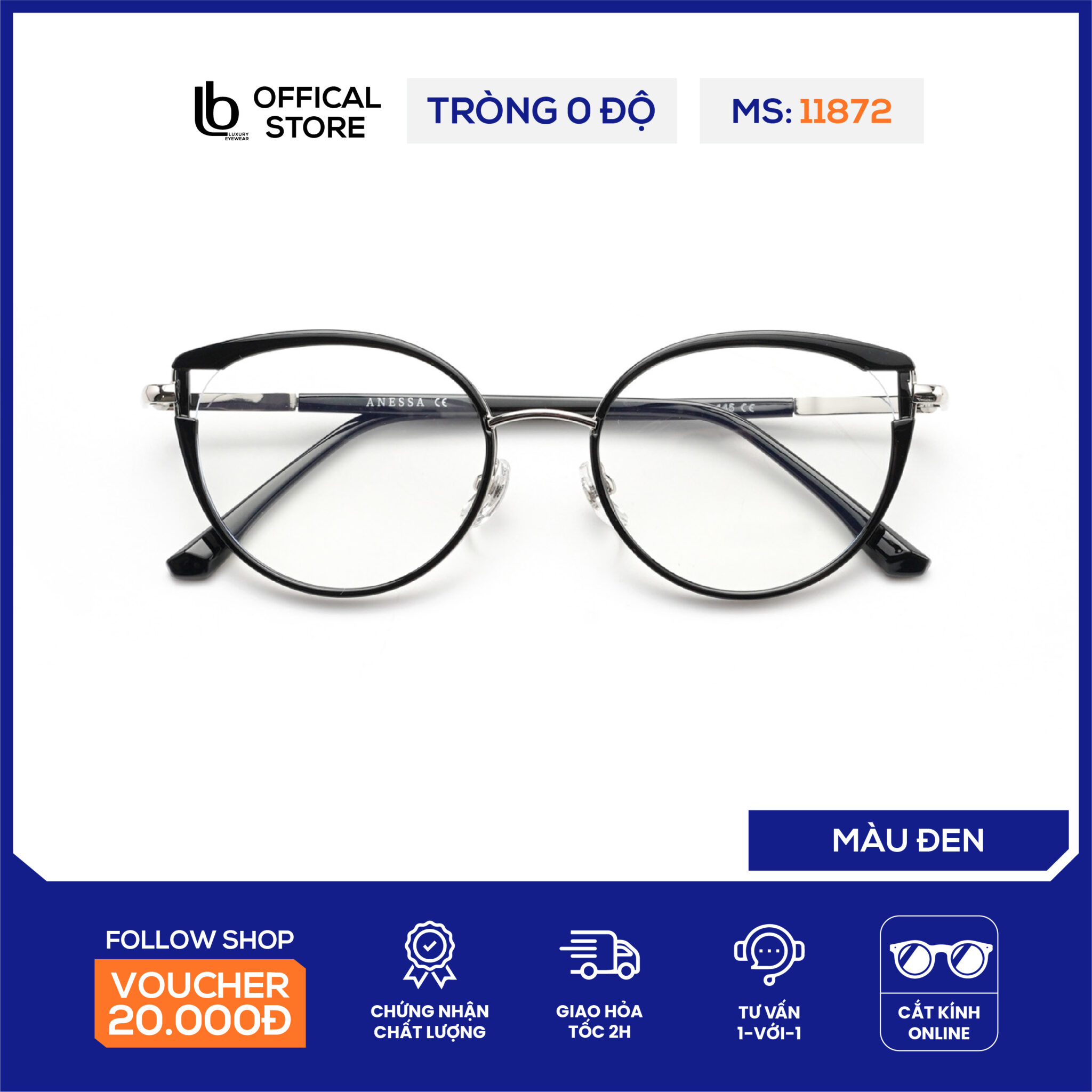 Gọng kính mắt mèo LB Eyewear S11872 kính cận có độ thời trang nam nữ, chất liệu nhựa dẻo, trọng lượng nhẹ