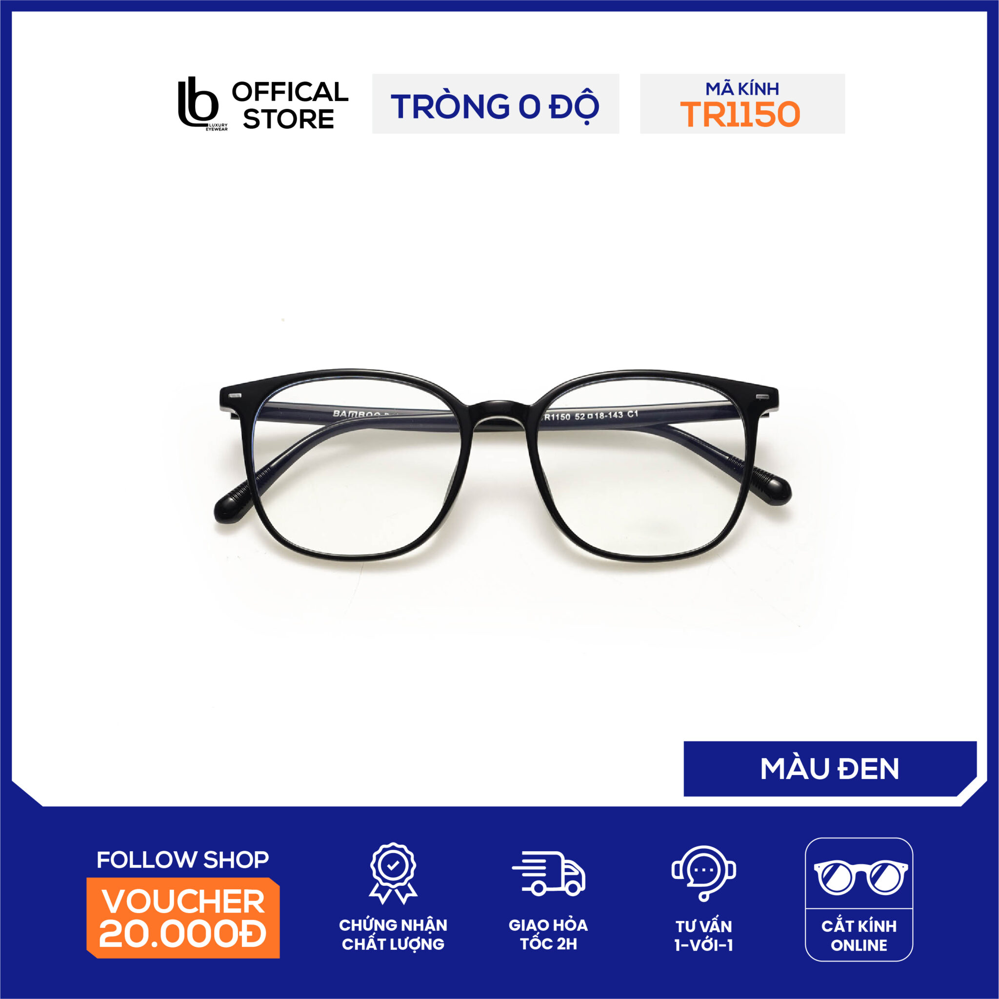 Gọng vuông tròn LB Eyewear 1150 mắt kính thời trang nam nữ, giả cận có thể lắp tròng cận loạn