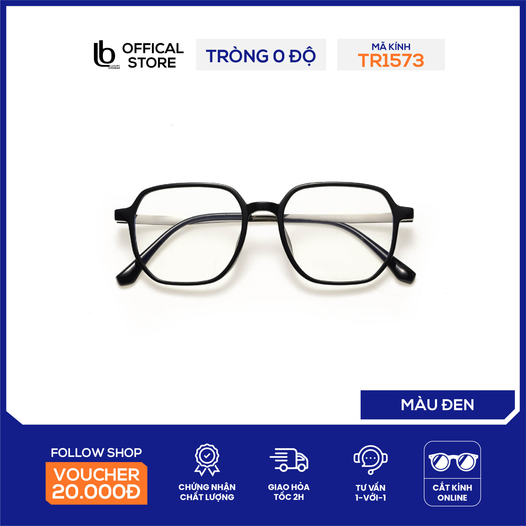 Kính gọng vuông LB Eyewear 1573 mắt kính nam nữ thời trang, chất liệu nhựa cao cấp, nhẹ, phong cách trẻ trung