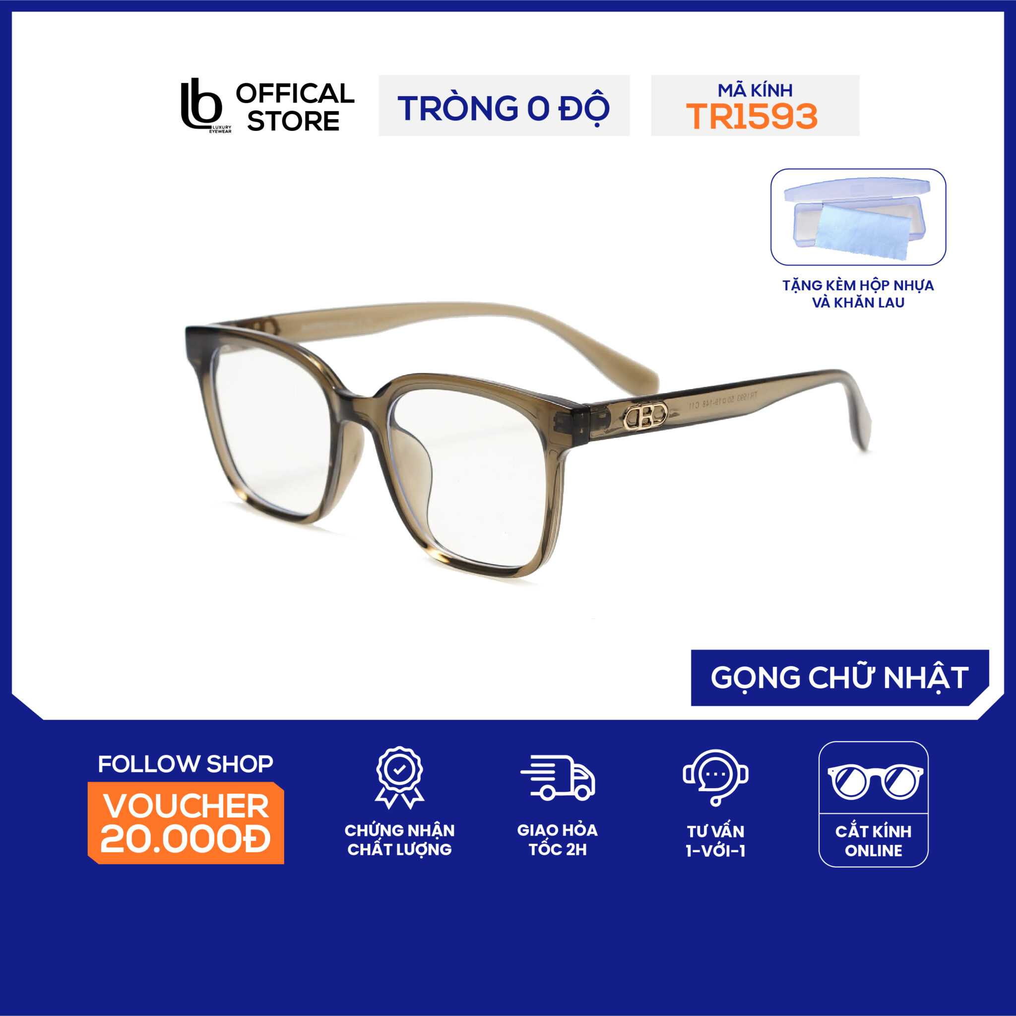 Kính mắt nữ LB Eyewear 1593 gọng kính nhựa vuông chữ nhật, thời trang, thiết kế đơn giản phù hợp nhiều khuôn mặt