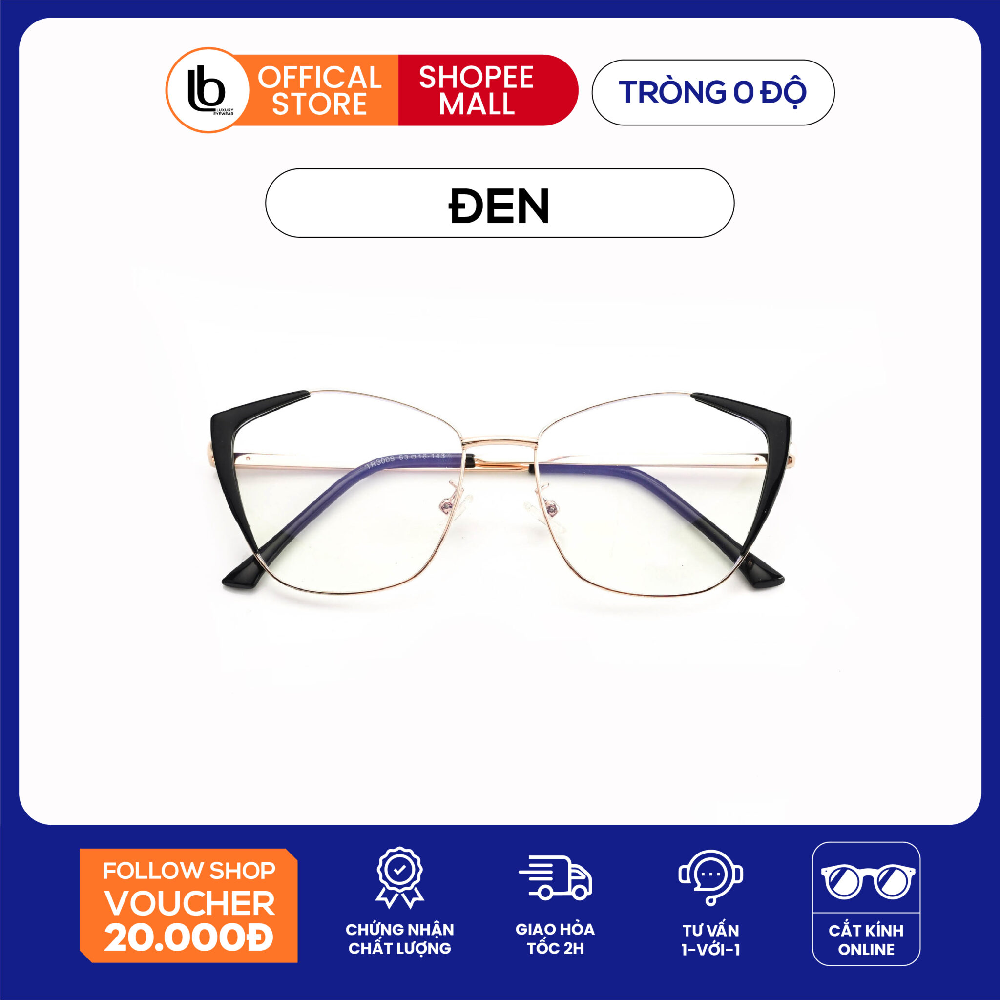 Kính mắt mèo form to LB Eyewear 3009 kính gọng kim loại giả cận nam nữ thời trang, chống tia UV, kiểu dáng sang trọng