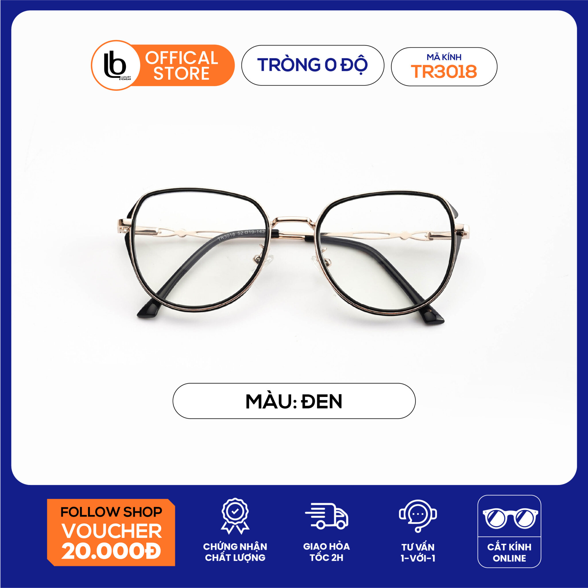 Kính cận nữ LB Eyewear 3018 gọng kính tròn chất liệu nhựa phối kim loại, thời trang chống tia UV, tôn dáng mặt