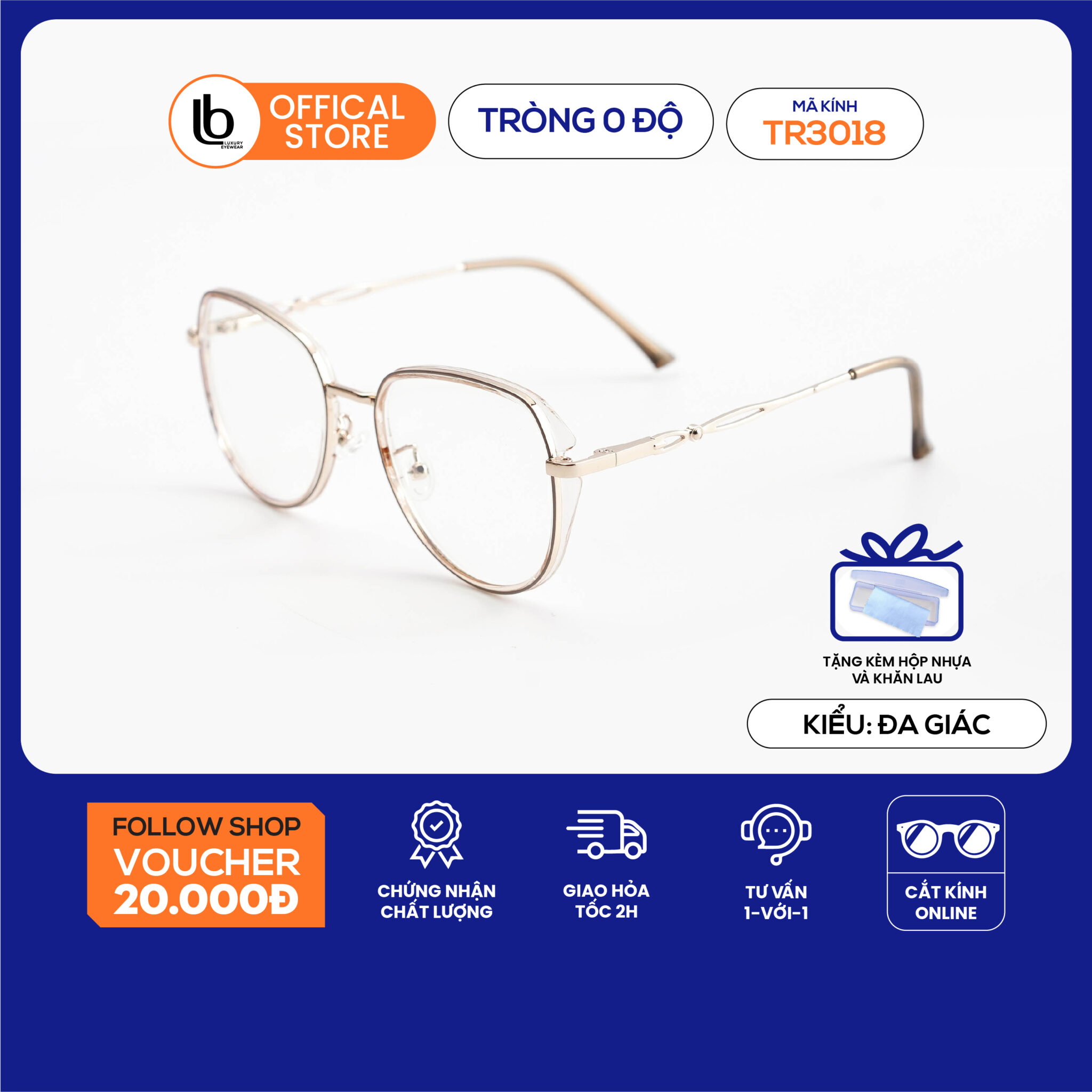 Kính cận nữ LB Eyewear 3018 gọng kính tròn chất liệu nhựa phối kim loại, thời trang chống tia UV, tôn dáng mặt
