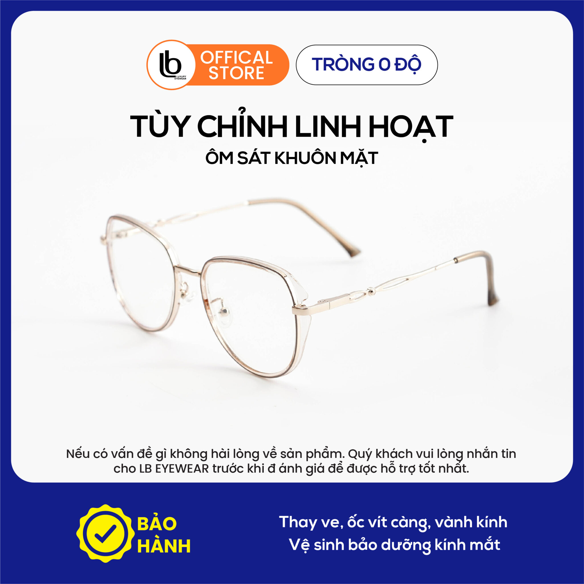 Kính cận nữ LB Eyewear 3018 gọng kính tròn chất liệu nhựa phối kim loại, thời trang chống tia UV, tôn dáng mặt
