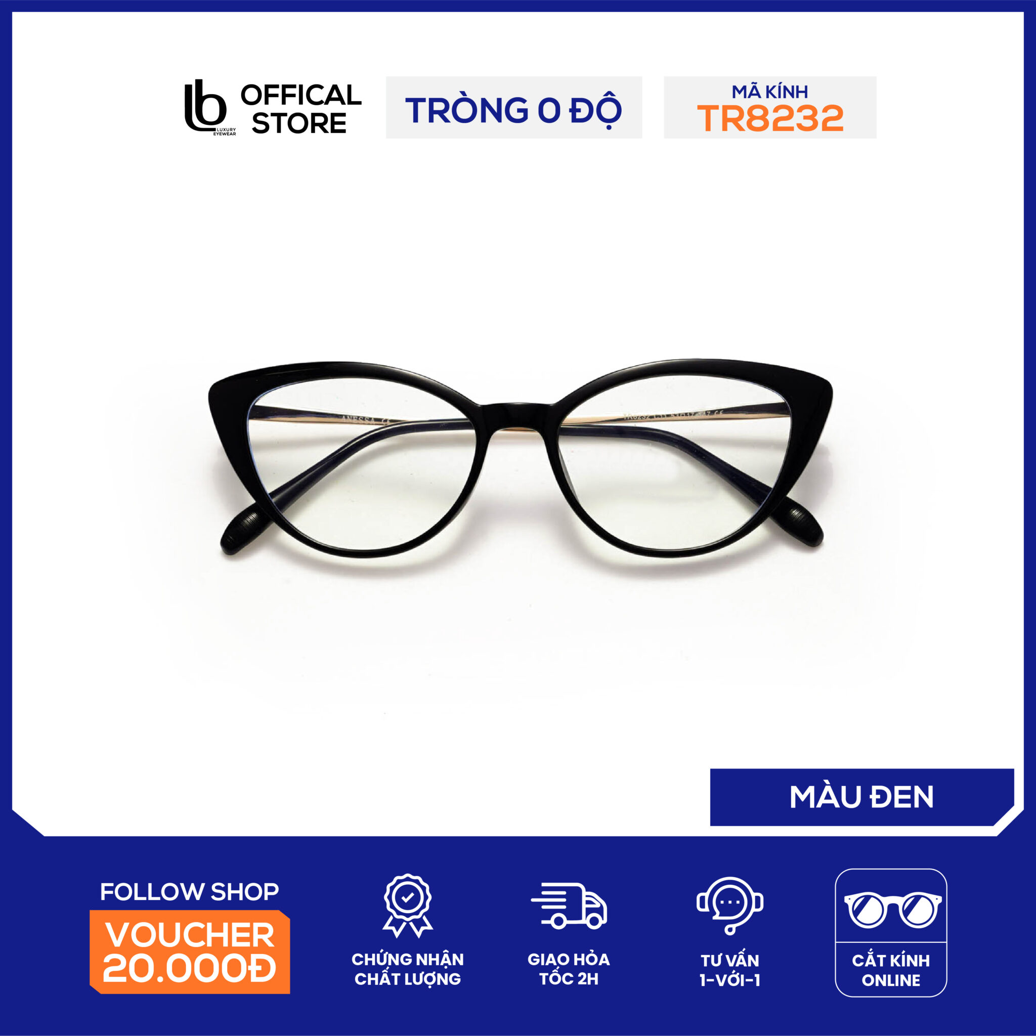 Gọng kính mắt mèo LB Eyewear 8232 kính mắt nam nữ thời trang trọng lượng nhẹ, không gây đau mũi, cấn tai