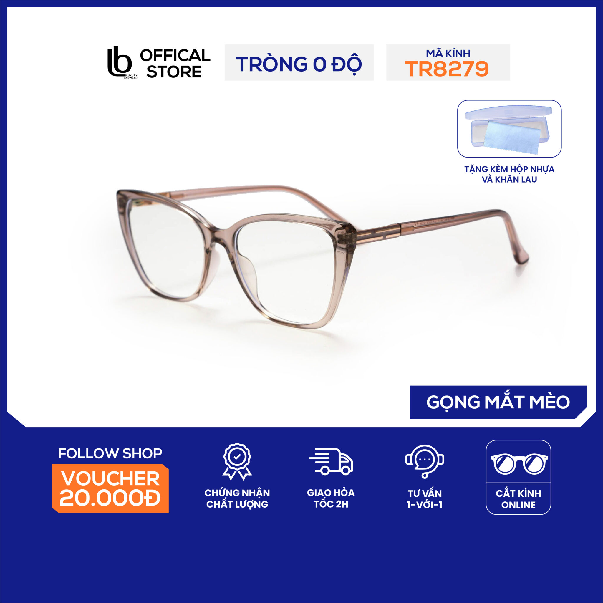 Gọng kính mắt mèo LB Eyewear 8279 mắt kính nam nữ chất liệu nhựa thời trang, không gây đau tai, cấn mũi