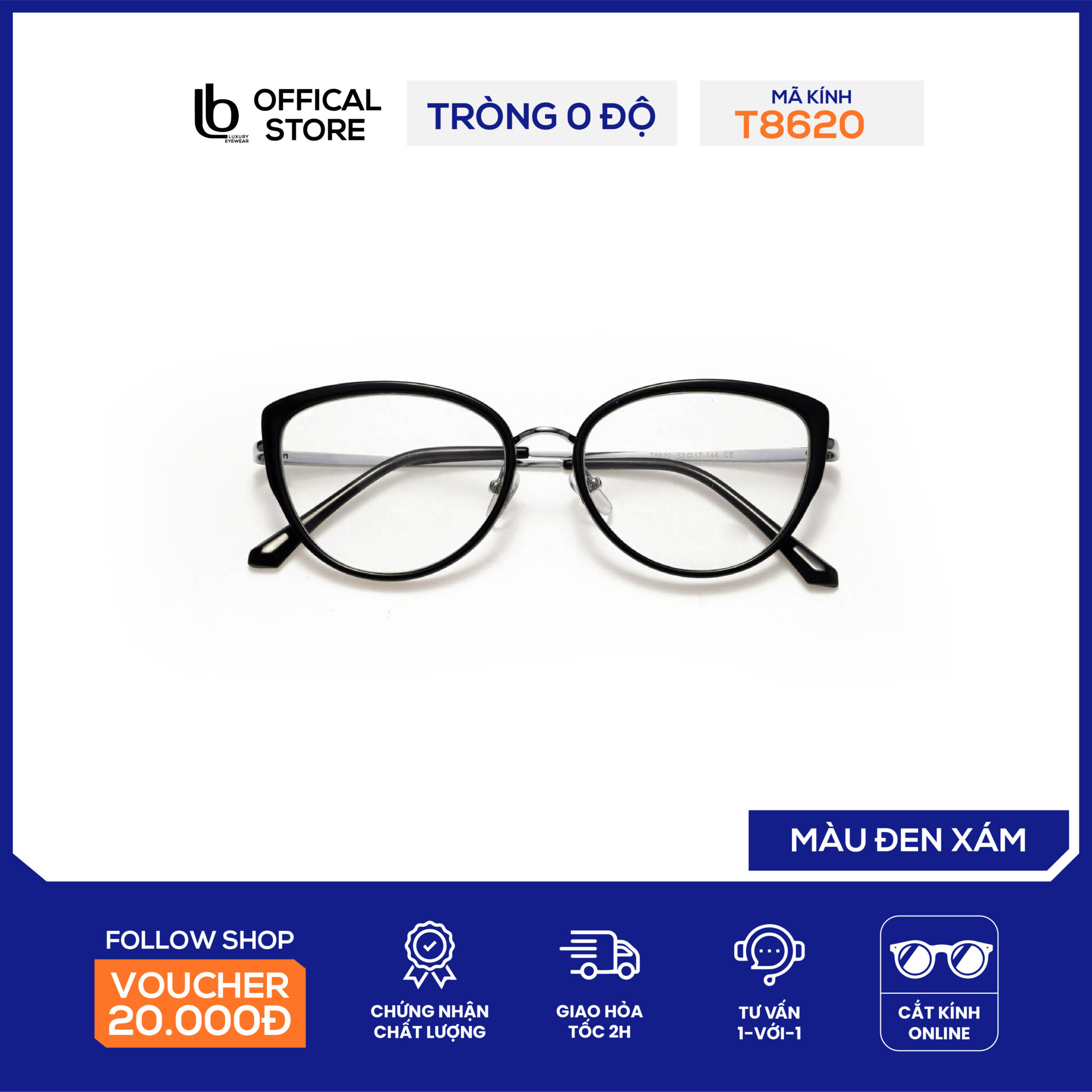Gọng kính mắt mèo LB Eyewear 8620 mắt kính nam nữ thời trang chất liệu nhựa, không gây đau tai, cấn mũi, nhẹ