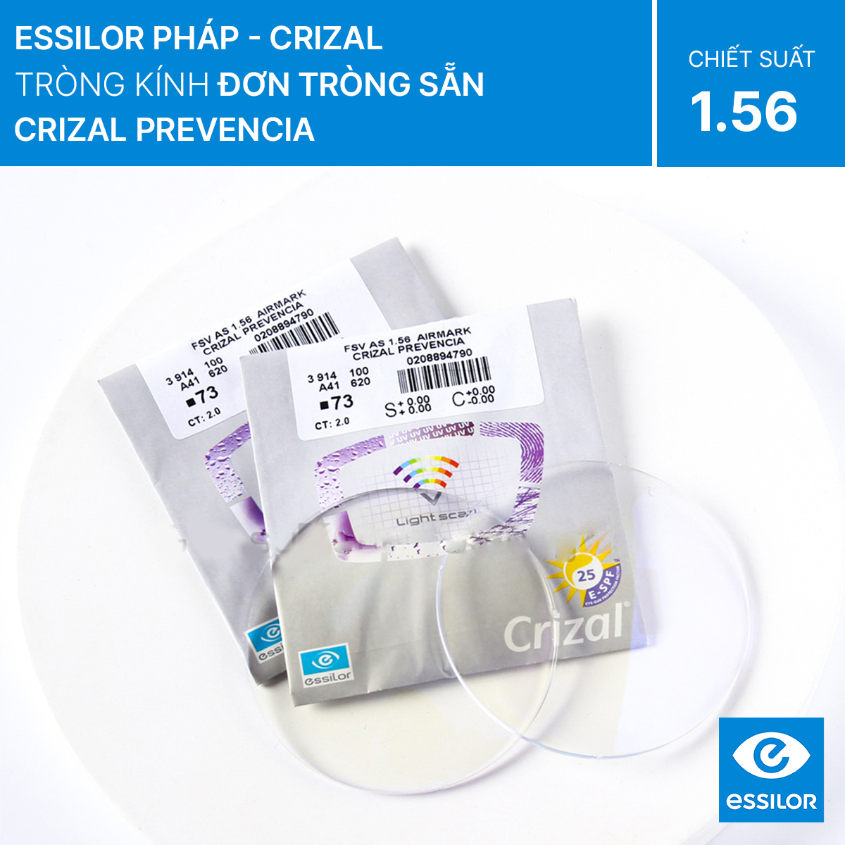 Tròng kính Essilor Crizal Prevencia kính đơn tròng sẵn ngăn ánh sáng xanh và tia UV vượt trội