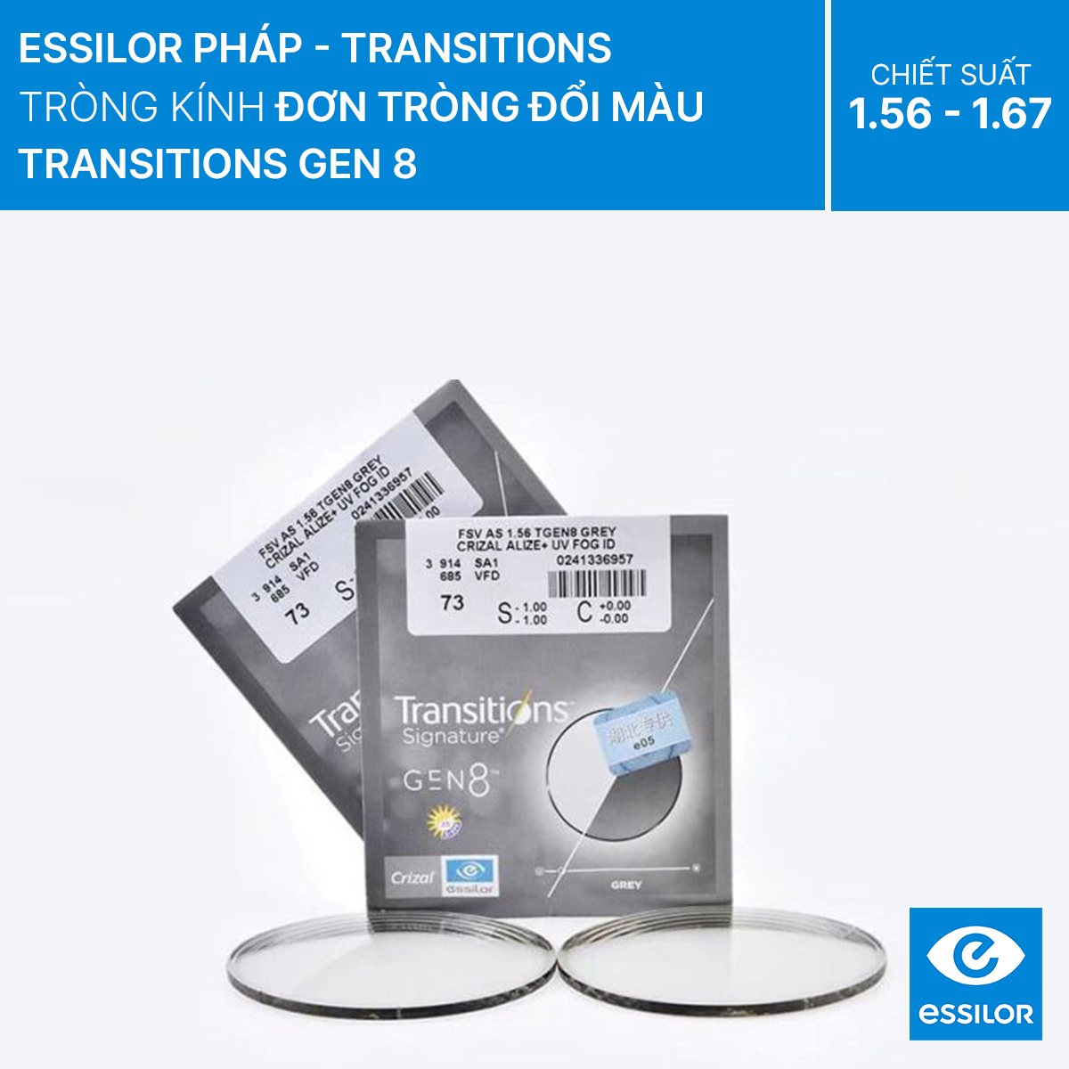 Tròng kính Essilor Transitions Gen 8 kính đơn tròng đổi màu váng phủ Crizal Sapphire HR