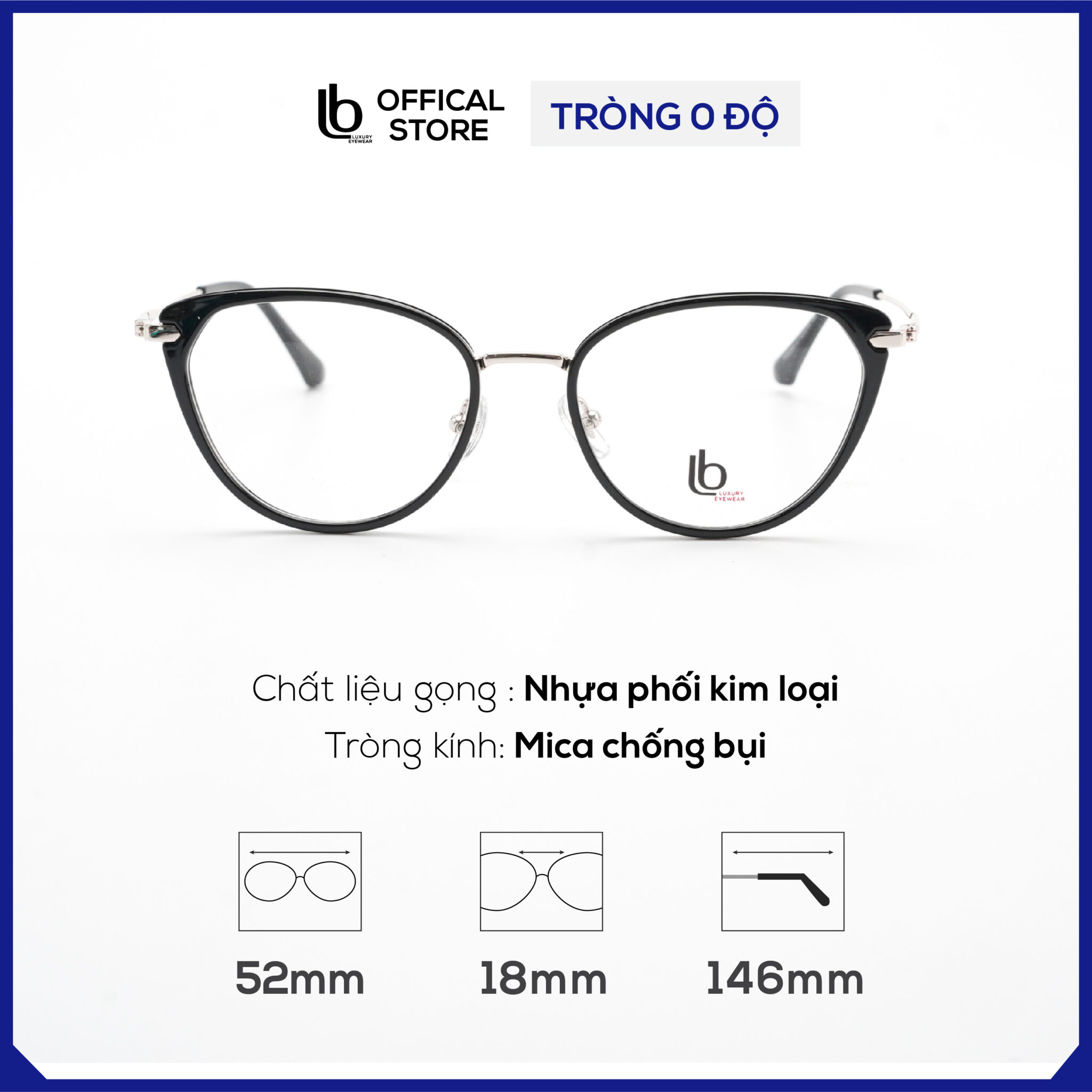 Gọng kính mắt mèo LB Eyewear H00295 kính mắt nam nữ thời trang trọng lượng nhẹ, không gây đau mũi, cấn tai