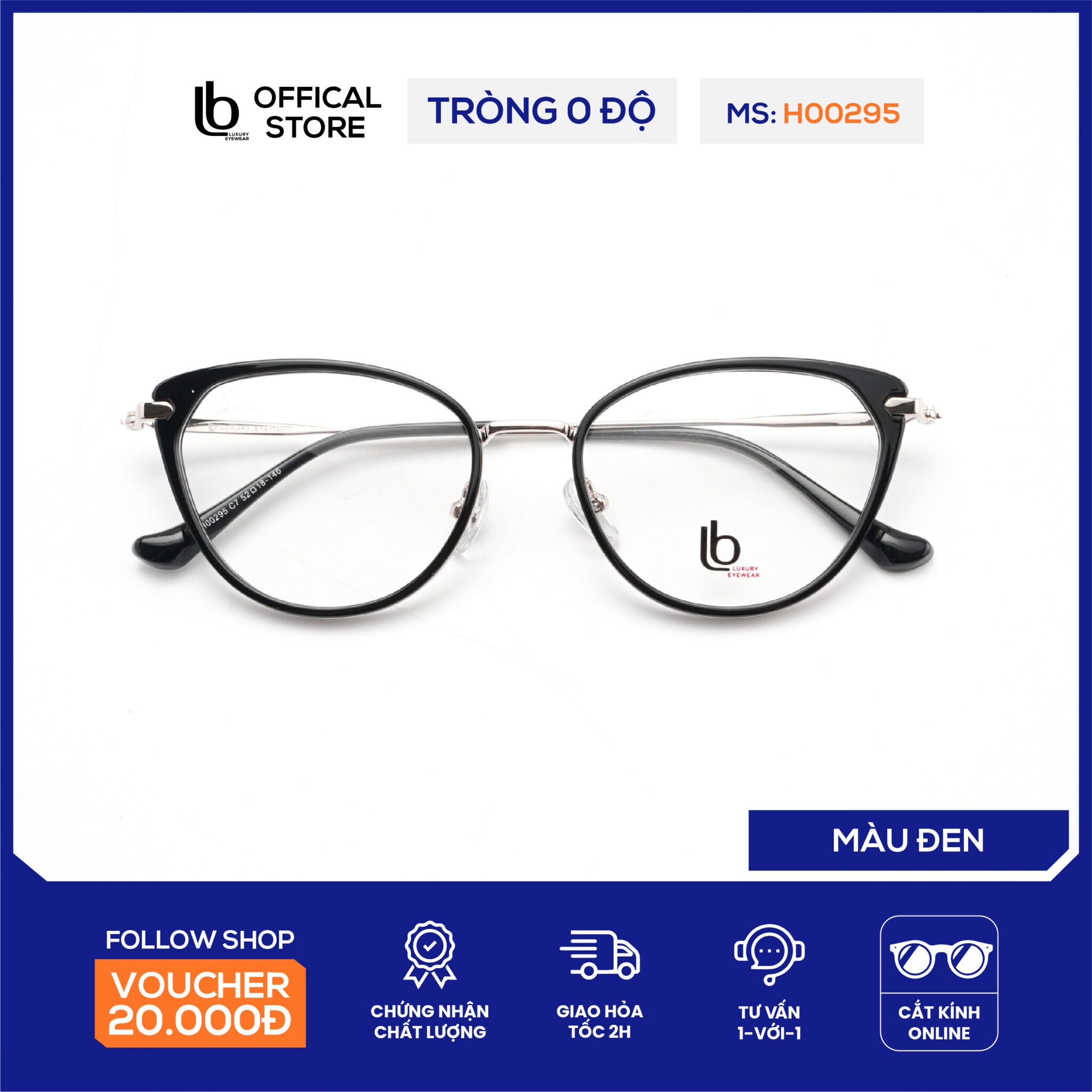 Gọng kính mắt mèo LB Eyewear H00295 kính mắt nam nữ thời trang trọng lượng nhẹ, không gây đau mũi, cấn tai