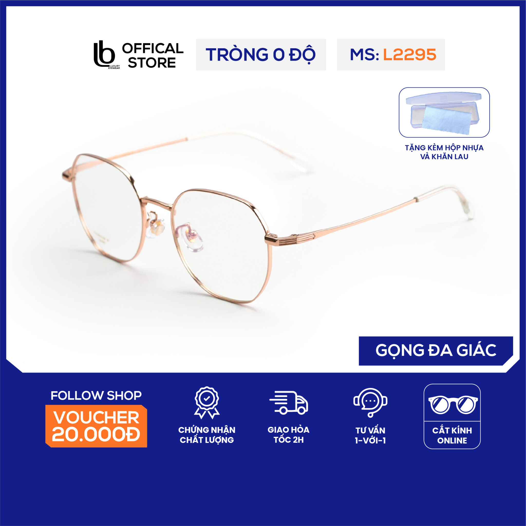 Gọng kính đa giác LB Eyewear L2295 kính mắt kim loại thời trang nam nữ chất liệu nhẹ, có thể lắp tròng chống tia UV