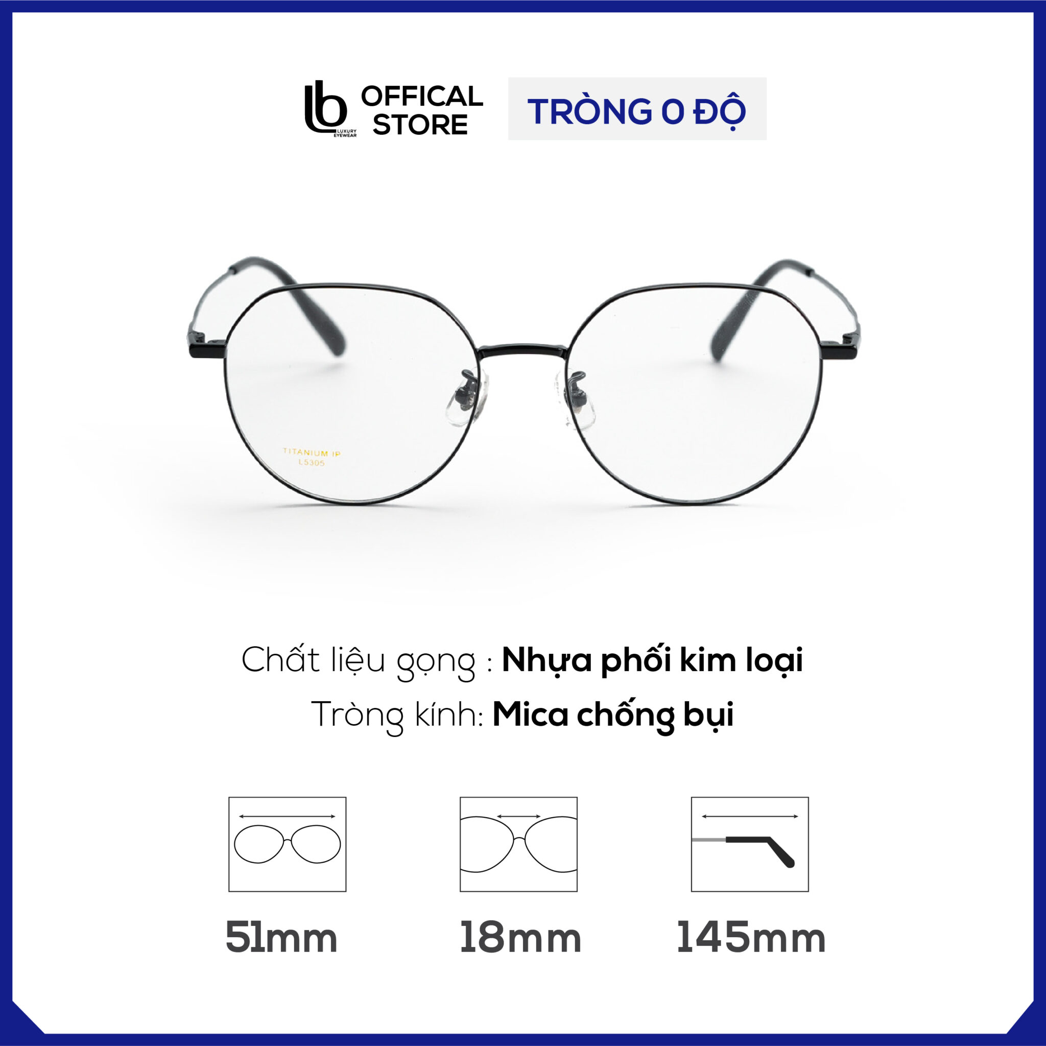 Kính gọng lục giác LB Eyewear L5305 kính mắt kim loại thời trang nam nữ chất liệu nhẹ, có thể lắp tròng chống tia UV
