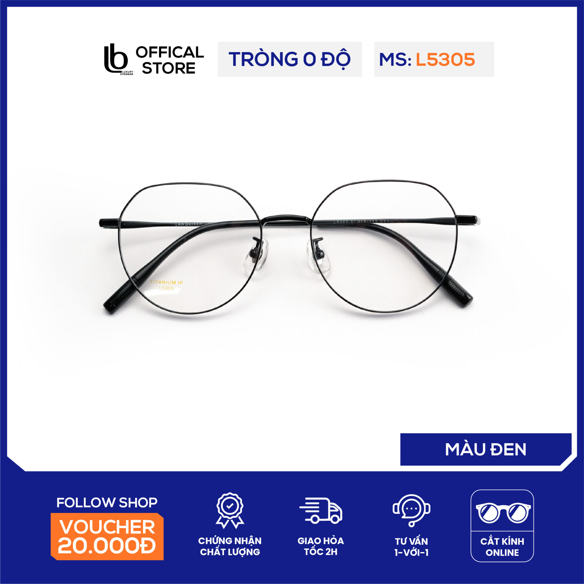 Kính gọng lục giác LB Eyewear L5305 kính mắt kim loại thời trang nam nữ chất liệu nhẹ, có thể lắp tròng chống tia UV