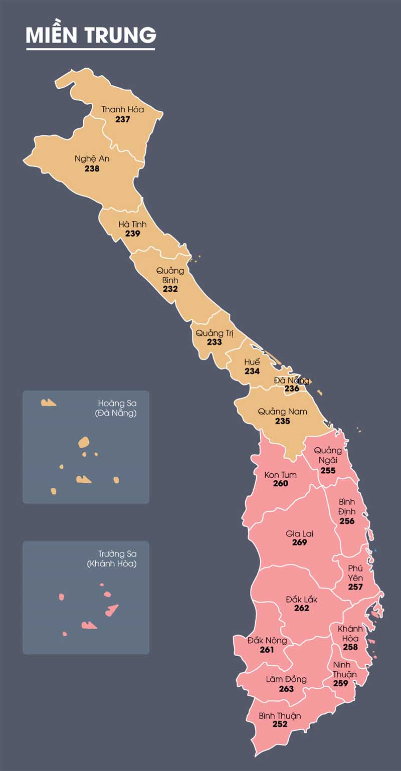 Bản đồ mã vùng điện thoại miền Trung